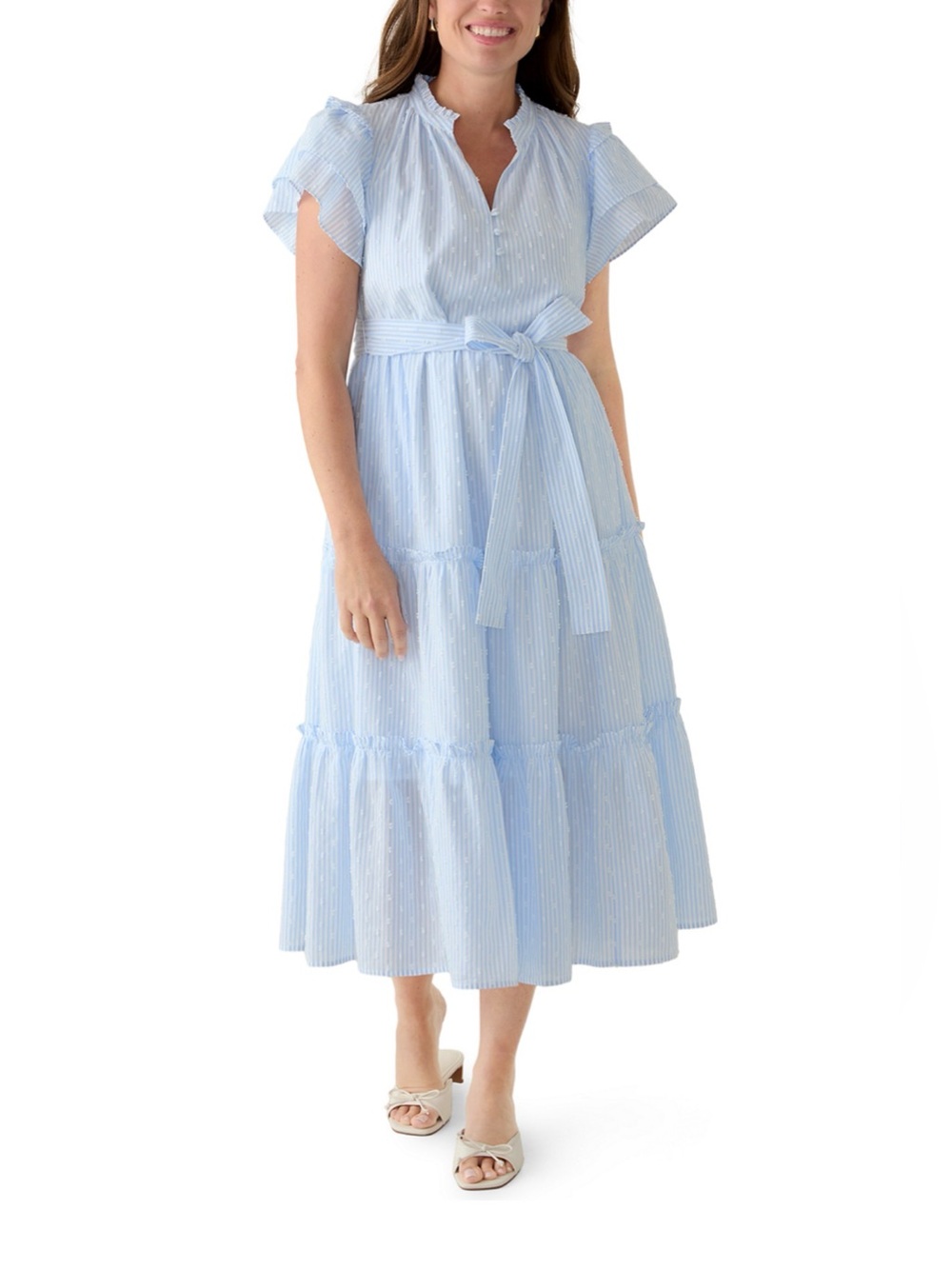 Crown & Ivy Double Flutter Sleeve Belted Maxi Dress
